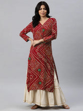 Women Red And Beige Bandhani Printed Straight Kurta